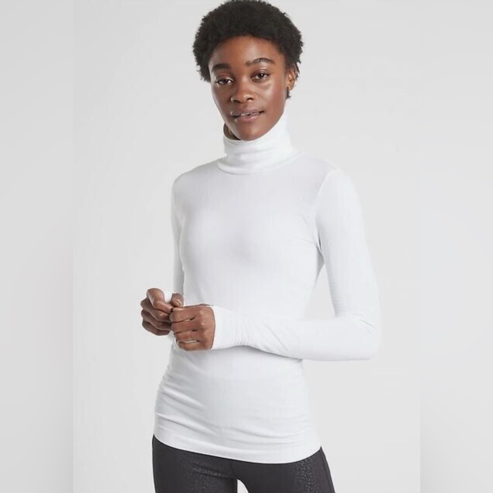 Athleta White Ribbed Turtleneck Long Sleeve Top